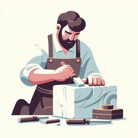 Carpenter working in his carpentry workshop. Vector illustration.のイラスト素材