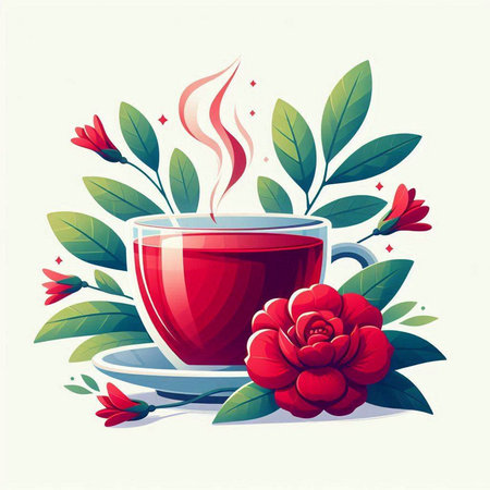 Cup of tea with red flowers and leaves. Vector illustration.のイラスト素材