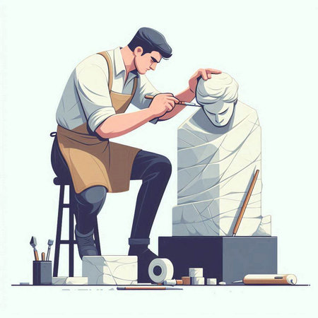 Vector illustration of a sculptor working in his studio, creating a sculptureのイラスト素材
