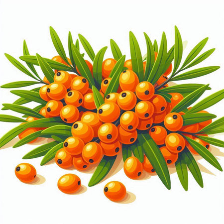 Sea buckthorn berries with green leaves on white background. Vector illustration.のイラスト素材