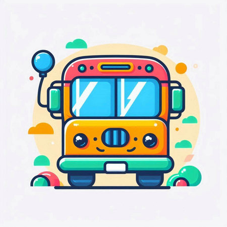 Vector illustration of school bus on colorful background. Flat style design.のイラスト素材