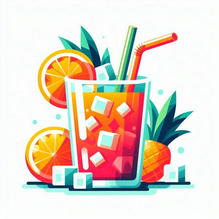 Fruit cocktail with ice cubes and straw. Vector illustration in flat styleのイラスト素材