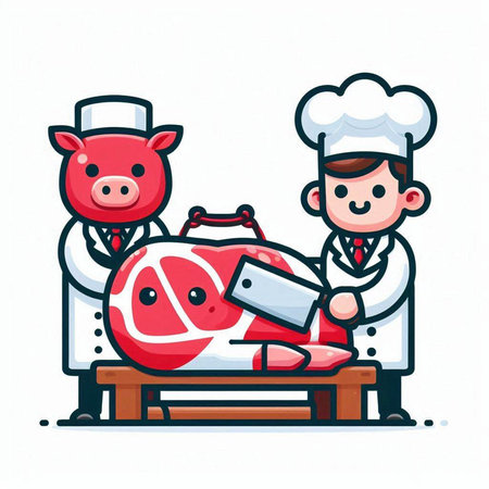 Butcher and butcher with meat. Vector illustration in cartoon style.のイラスト素材