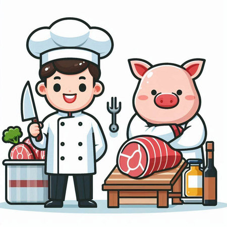 Chef and Pig - Cute Cartoon Vector Character Illustration.のイラスト素材