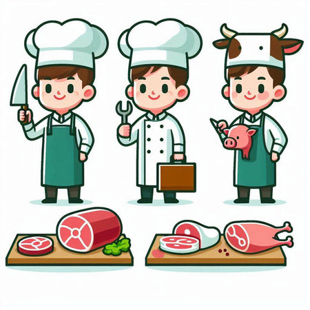 Set of cute chef characters with various types of meat. Vector illustration.のイラスト素材