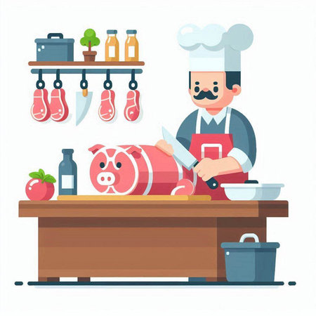 Butcher in apron and hat cutting pork knuckle. Vector illustration in flat styleのイラスト素材