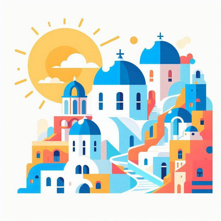 Colorful Santorini island in Greece. Flat vector illustration.のイラスト素材