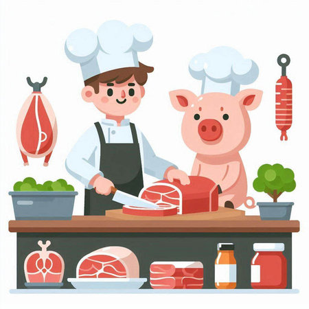 Butcher cooking meat. Vector illustration in cartoon style on white backgroundのイラスト素材