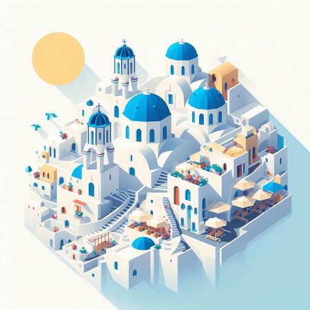 Santorini, Greece isometric 3d vector illustration.のイラスト素材