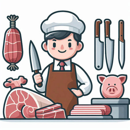 Chef cooking meat. Vector illustration of a cartoon chef with a knife and meat.のイラスト素材