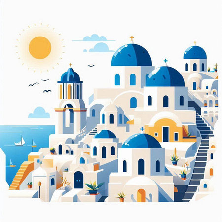 Blue domed church in Santorini, Greece. Vector illustrationのイラスト素材