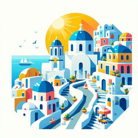 Santorini, Greece. Colorful vector illustration in flat styleのイラスト素材