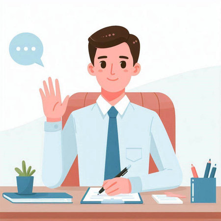 Businessman in office. Vector illustration in flat style. Man sitting at the table.のイラスト素材