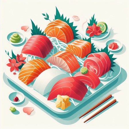 Japanese food, sashimi on a plate. Vector illustration.のイラスト素材