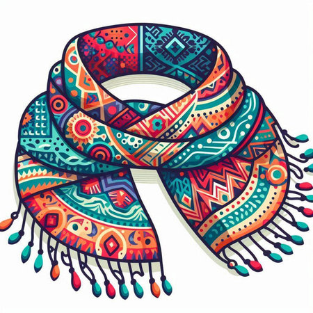 Vector hand drawn illustration of a colorful scarf with ethnic ornamentsのイラスト素材