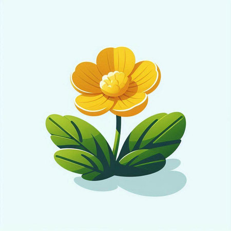 Vector illustration of yellow flower with green leaves on a light background.のイラスト素材