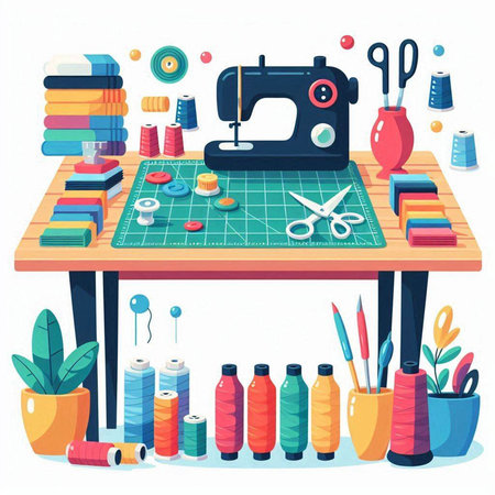Sewing workshop. Sewing machine, scissors, pins, thread, fabric, needles and other tools.のイラスト素材