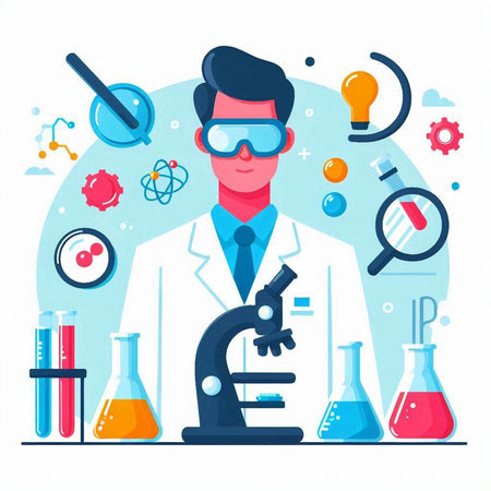 Scientist with microscope and equipment. Vector illustration in a flat styleのイラスト素材