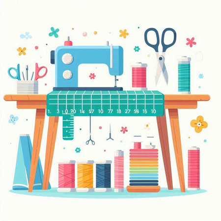 Sewing accessories. Sewing machine with thread, scissors, needles, buttons, pins, fabric, scissors. Flat vector illustration.のイラスト素材