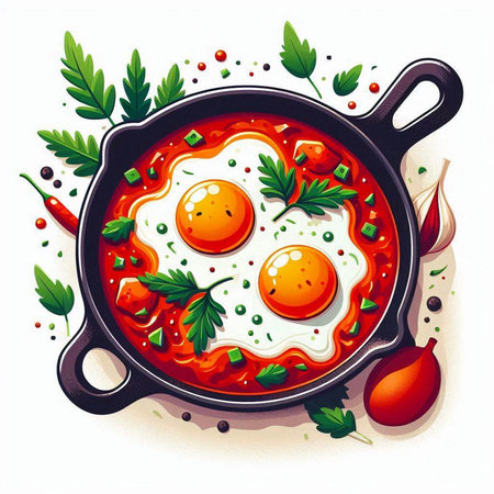 Shakshuka in a frying pan. Fried eggs in tomato sauce, parsley, chili pepper, garlic, parsley. Vector illustration.のイラスト素材