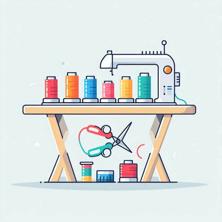 Sewing equipment. Sewing machine and tools. Flat vector illustration.のイラスト素材