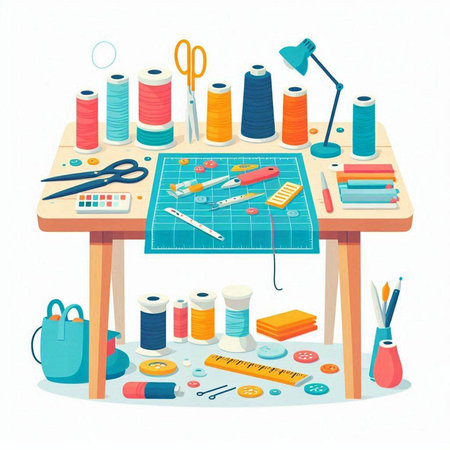 Sewing workshop. Sewing tools and equipment. Vector illustrationのイラスト素材