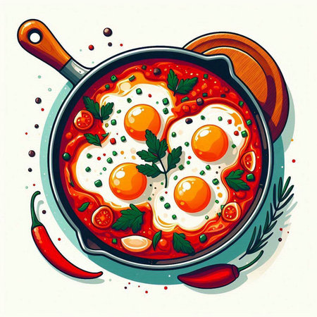 Fried eggs in a frying pan with spices. Vector illustration.のイラスト素材