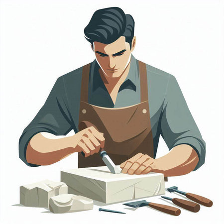 Man working in a carpentry workshop. Vector illustration in cartoon style.のイラスト素材