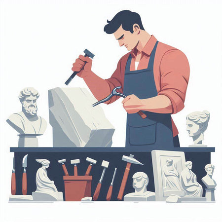 Sculptor working in his workshop. Vector illustration in retro style.のイラスト素材