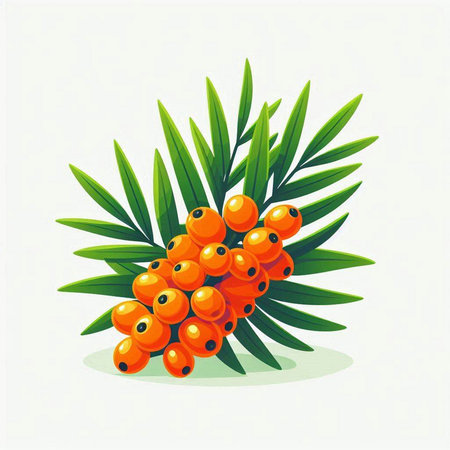 Sea buckthorn berries on a branch with leaves. Vector illustrationのイラスト素材