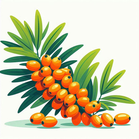 Branch of sea buckthorn with ripe berries. Vector illustration.のイラスト素材