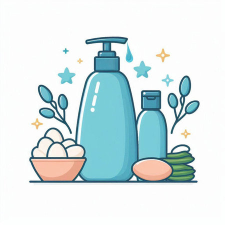 Cosmetic bottle, cream, gel, lotion, shampoo, bath salt, towel. Vector illustrationのイラスト素材