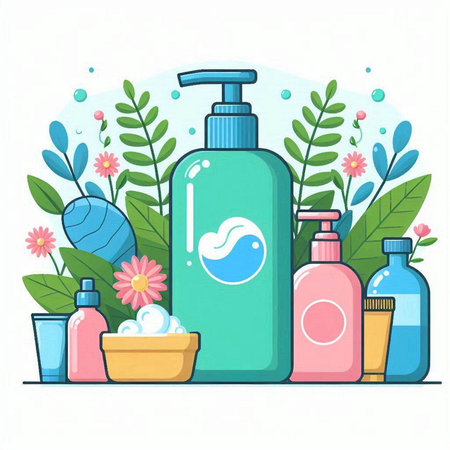 Cosmetic bottles with liquid soap, shower gel, lotion, cream, lotion, lotion, shampoo. Vector illustrationのイラスト素材