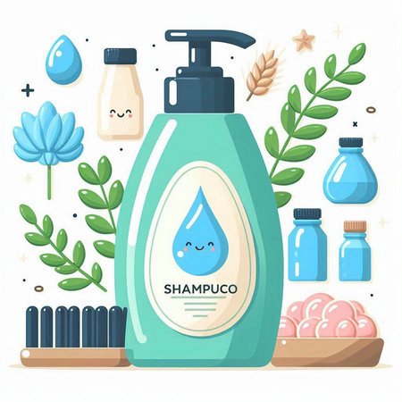 Vector illustration of shampoo bottle with cute cartoon characters. Hygiene concept.のイラスト素材
