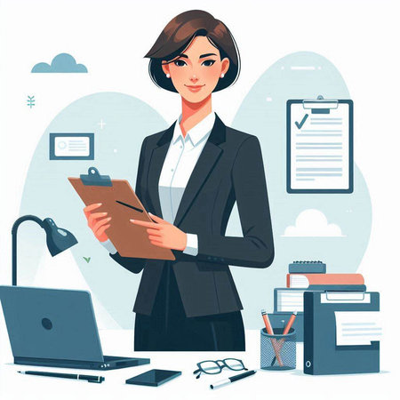 Vector illustration of business woman working in office with laptop and documents.のイラスト素材