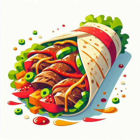 Tortilla with meat, vegetables and sauce. Vector illustration.のイラスト素材