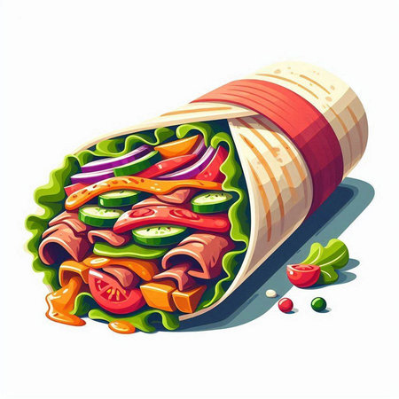 Tortilla wrap with vegetables isolated on white background. Vector illustration.のイラスト素材