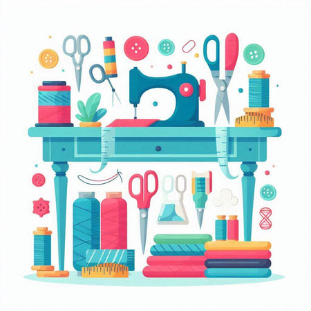Sewing tools and accessories on the table. Vector illustration.のイラスト素材