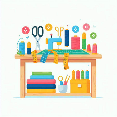 Sewing workshop. Sewing machine, scissors, threads, pins, buttons, tape measure. Vector illustrationのイラスト素材