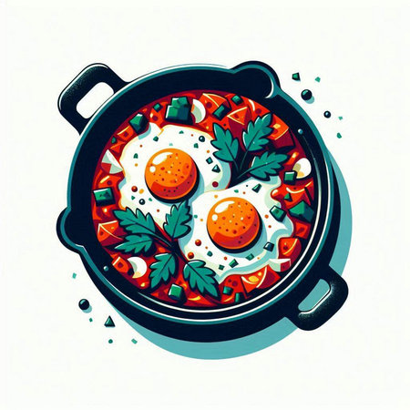 Fried eggs in a frying pan with parsley. Vector illustration.のイラスト素材