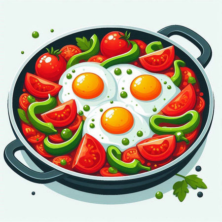 vector illustration of fried eggs in a frying pan with tomatoes and peppersのイラスト素材