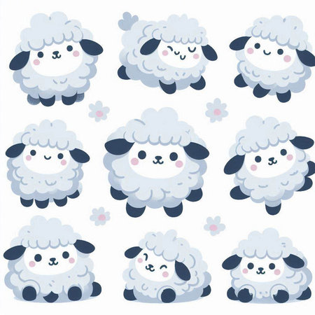 Set of cute cartoon sheeps in different poses. Vector illustration.のイラスト素材