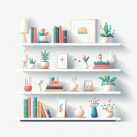Vector illustration of bookshelves with books, vases and plantsのイラスト素材