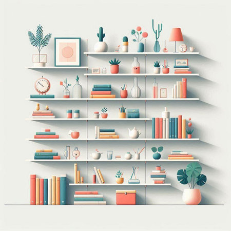 Shelves with books and decorations. Vector illustration in retro styleのイラスト素材