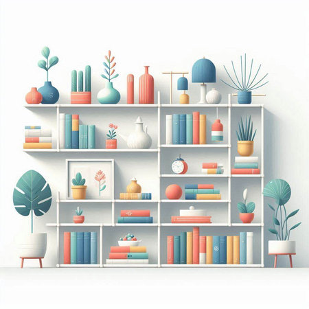 Bookshelf with books and plants. Interior design. Vector illustration.のイラスト素材
