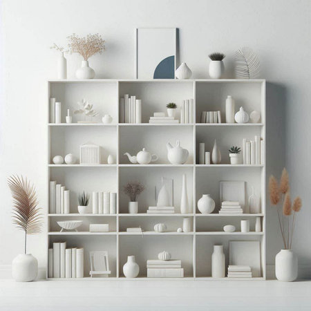 White bookshelf with different books and decorations, 3d renderのイラスト素材