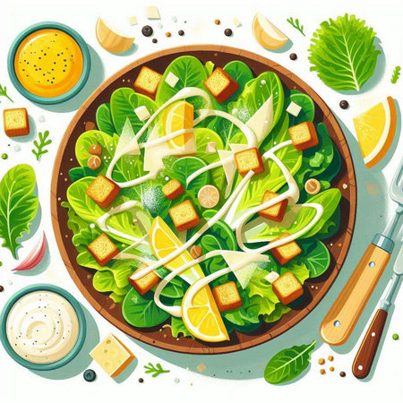 Salad with cheese, lettuce and croutons. Vector illustrationのイラスト素材