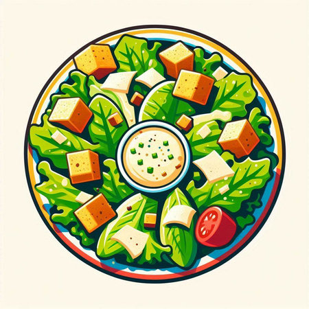 Salad with cheese, lettuce and tomato in a plate. Vector illustration.のイラスト素材