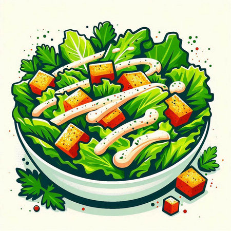 Salad with salmon, lettuce, cheese and sesame seeds. Vector illustration.のイラスト素材