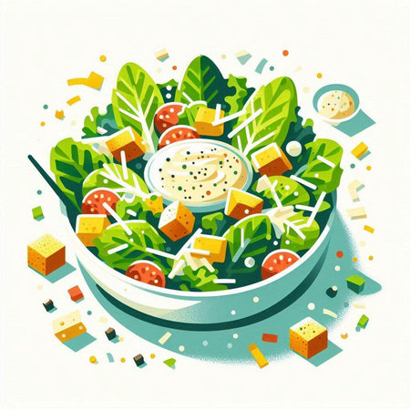 Salad with cheese and herbs in a bowl. Vector illustration.のイラスト素材